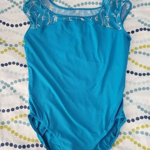 Turquoise women's leotard with flower mesh design. Marella XL